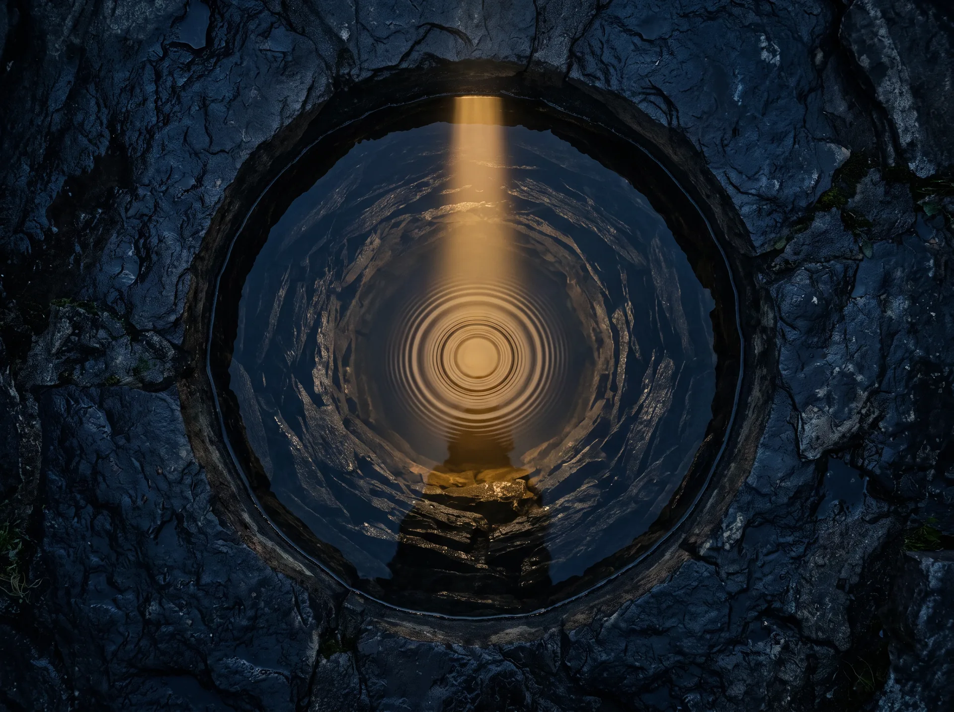 Ein Brunnen mit klarem Wasser, von oben mit bernsteinfarbenem Licht beleuchtet